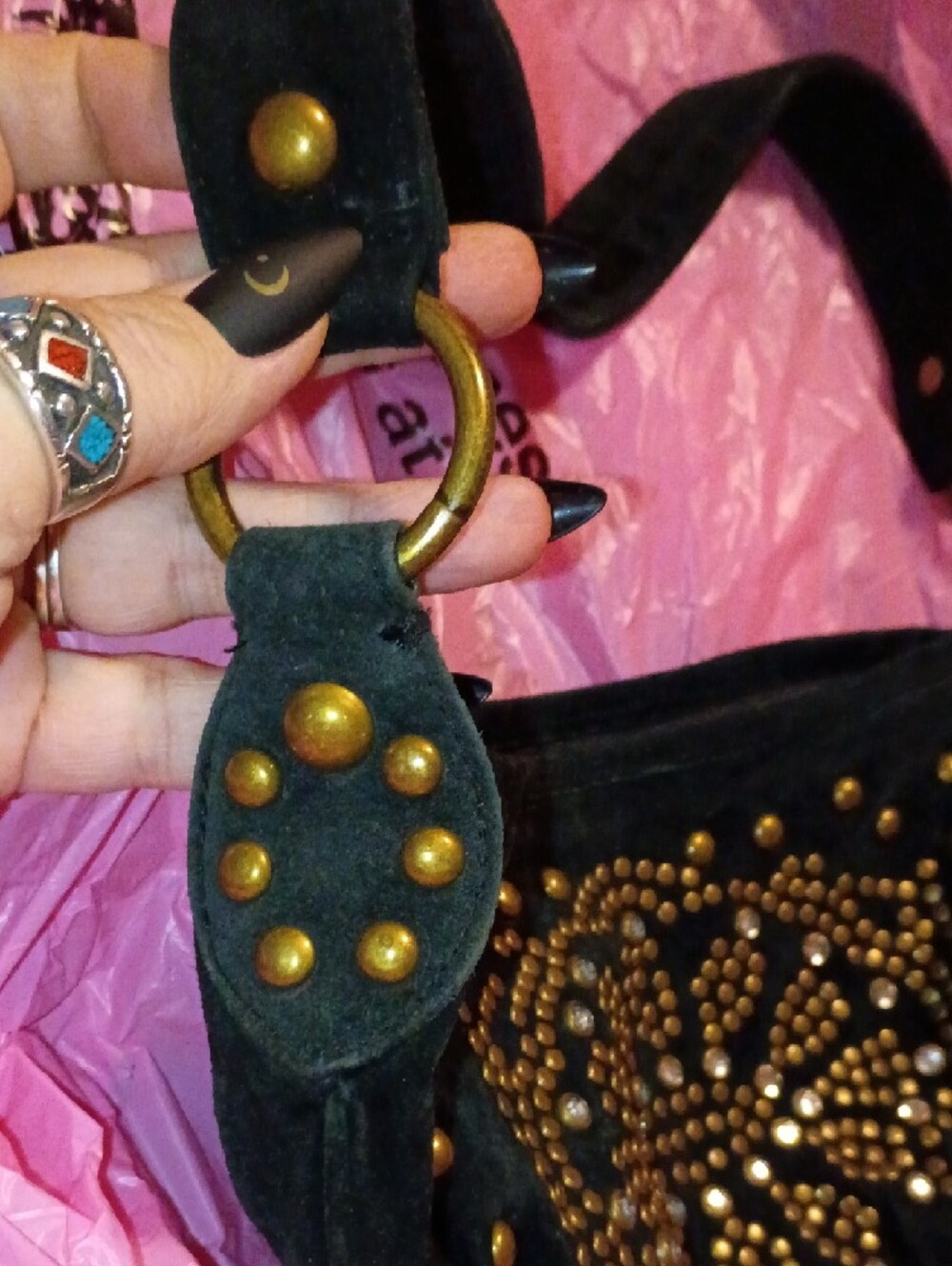 Wilsons Leather Black Shoulder Bag with Gold Stud and Rhinestone Detail - Picture 2 of 7